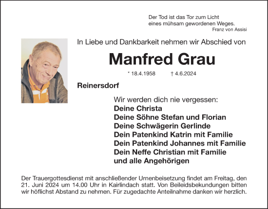 Anzeige von Manfred Grau von MGO