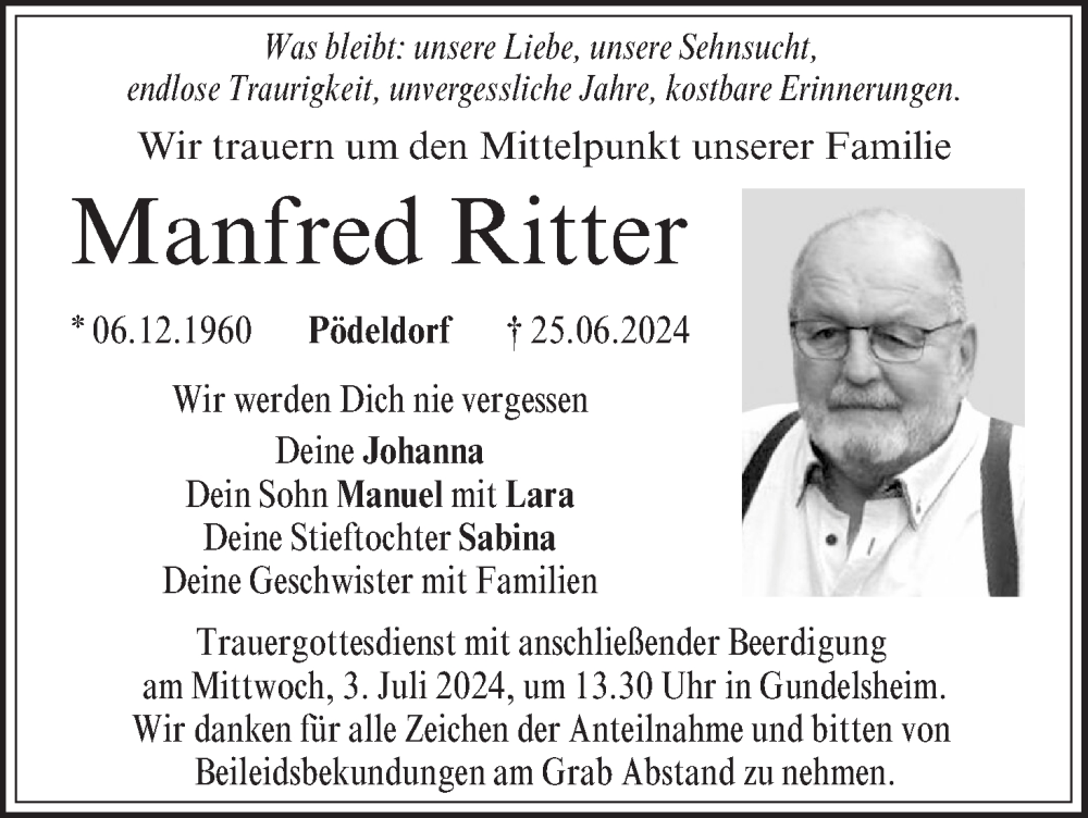  Traueranzeige für Manfred Ritter vom 29.06.2024 aus MGO