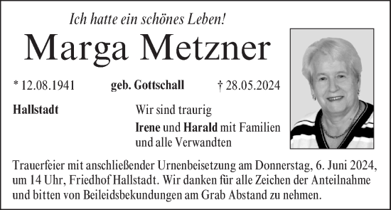 Anzeige von Marga Metzner von MGO