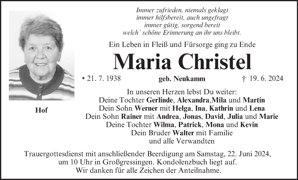  Traueranzeige für Maria Christel vom 21.06.2024 aus MGO
