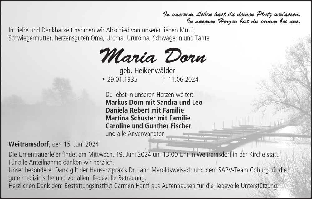  Traueranzeige für Maria Dorn vom 15.06.2024 aus MGO