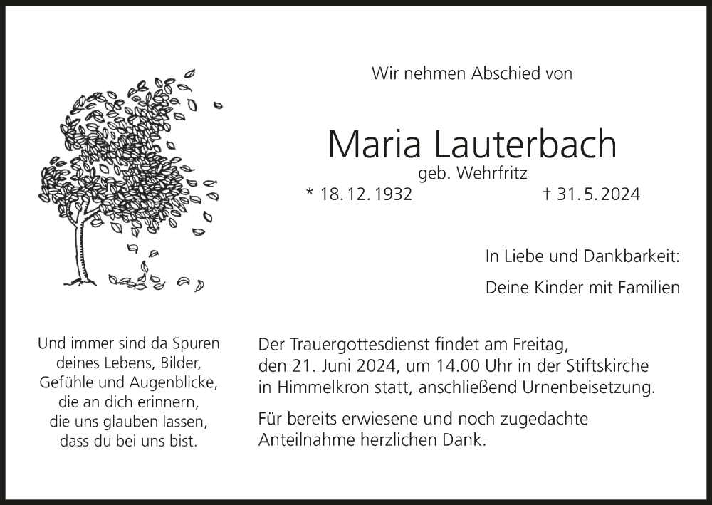  Traueranzeige für Maria Lauterbach vom 15.06.2024 aus MGO