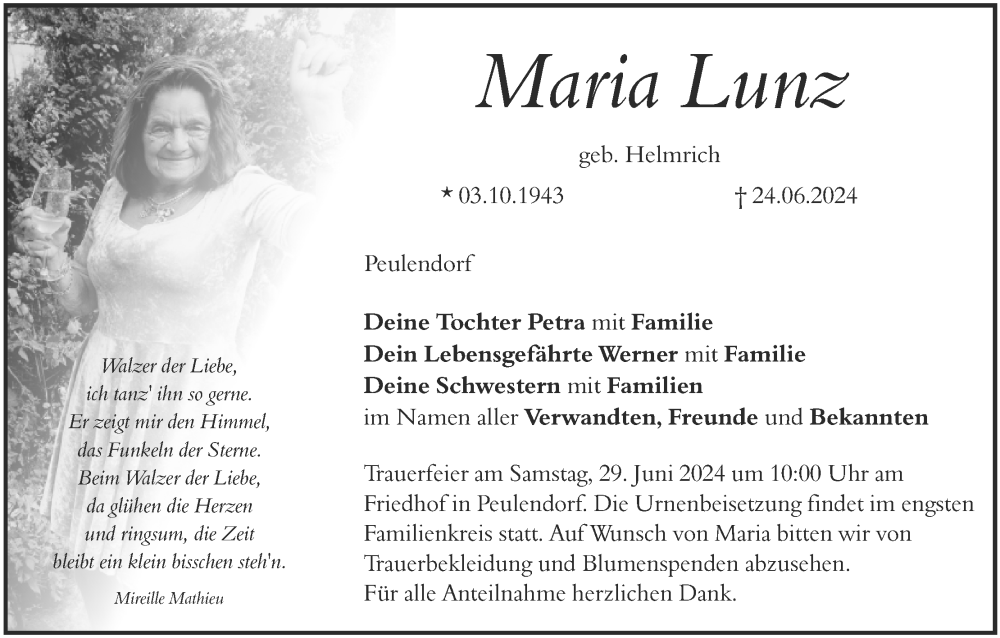  Traueranzeige für Maria Lunz vom 27.06.2024 aus MGO