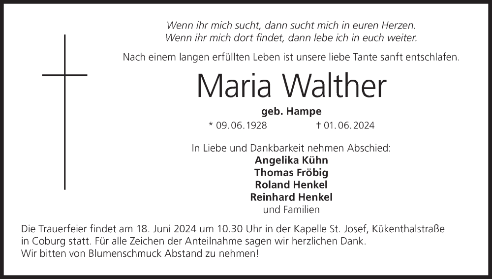  Traueranzeige für Maria Walther vom 15.06.2024 aus MGO