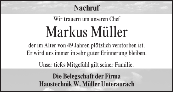 Anzeige von Markus Müller von MGO