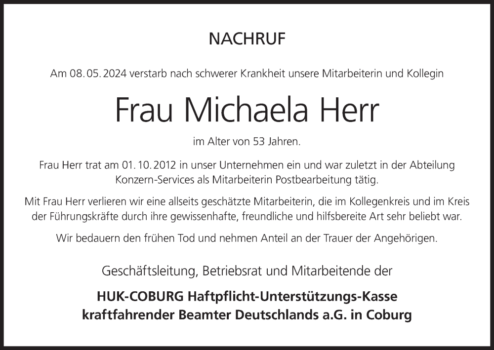  Traueranzeige für Michaela Herr vom 15.06.2024 aus MGO