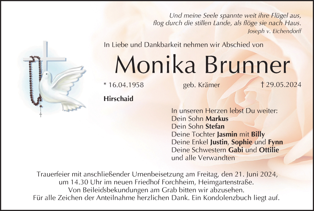  Traueranzeige für Monika Brunner vom 15.06.2024 aus MGO
