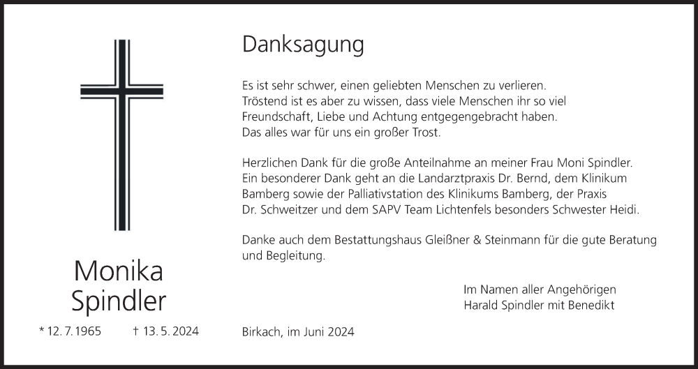  Traueranzeige für Monika Spindler vom 08.06.2024 aus MGO