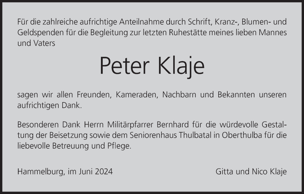  Traueranzeige für Peter Klaje vom 22.06.2024 aus MGO