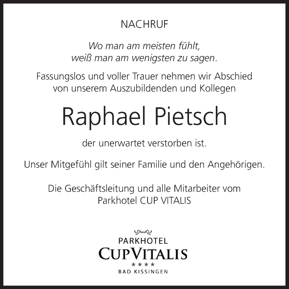  Traueranzeige für Raphael Pietsch vom 26.06.2024 aus MGO