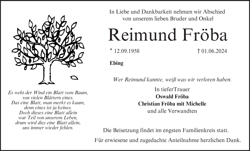  Traueranzeige für Reimund Fröba vom 08.06.2024 aus MGO