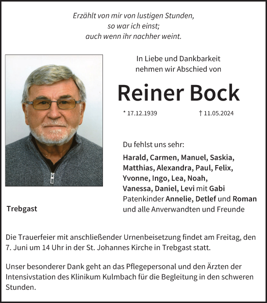 Anzeige von Reiner Bock von MGO