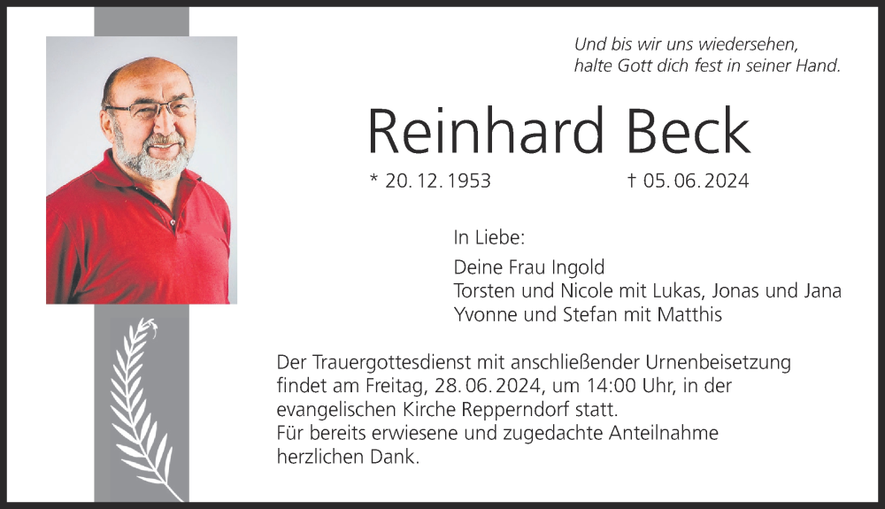  Traueranzeige für Reinhard Beck vom 25.06.2024 aus MGO