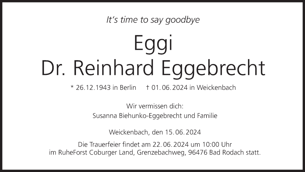  Traueranzeige für Reinhard Eggebrecht vom 15.06.2024 aus MGO