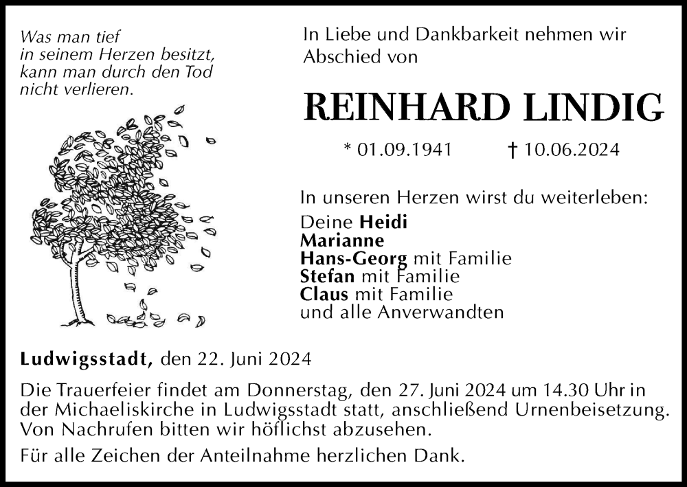 Traueranzeige für Reinhard Lindig vom 22.06.2024 aus MGO