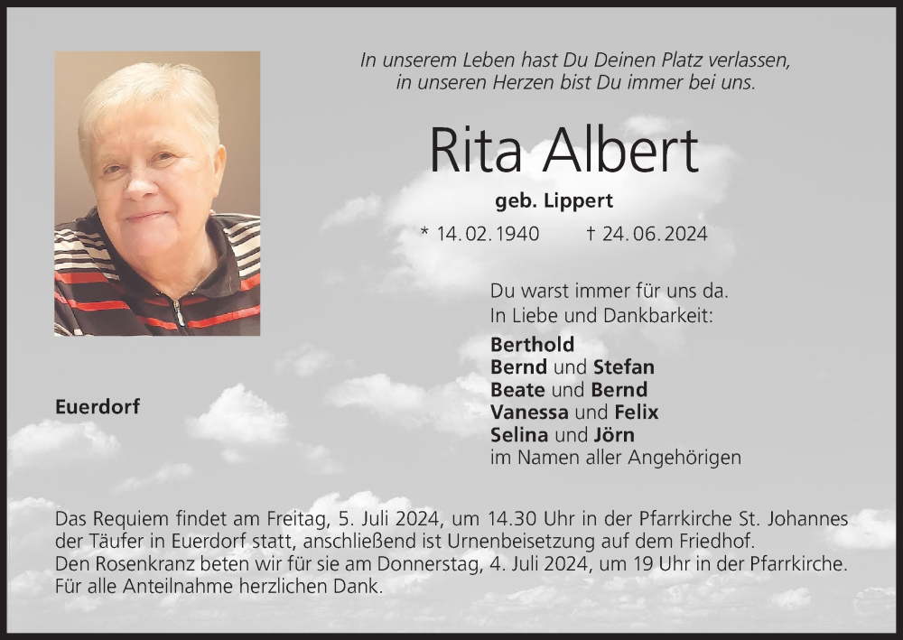  Traueranzeige für Rita Albert vom 29.06.2024 aus MGO