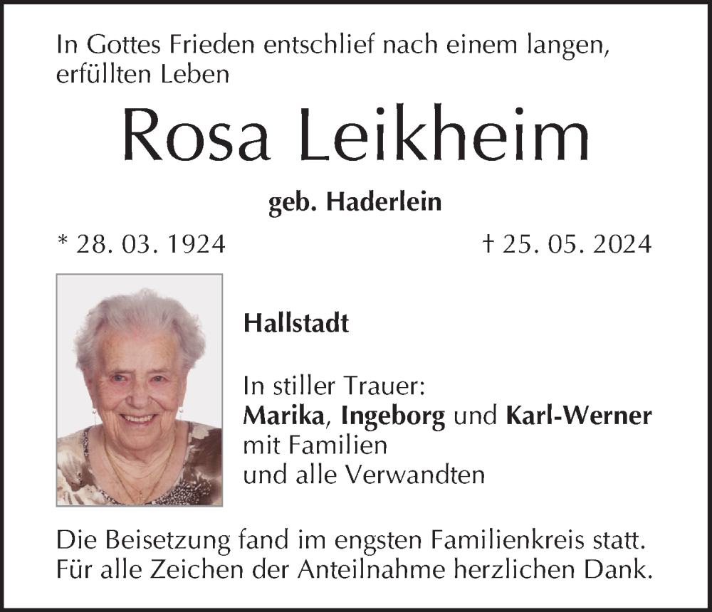  Traueranzeige für Rosa Leikheim vom 08.06.2024 aus MGO