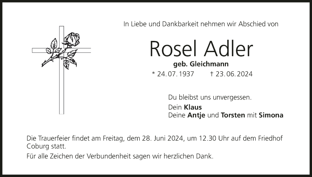  Traueranzeige für Rosel Adler vom 26.06.2024 aus MGO