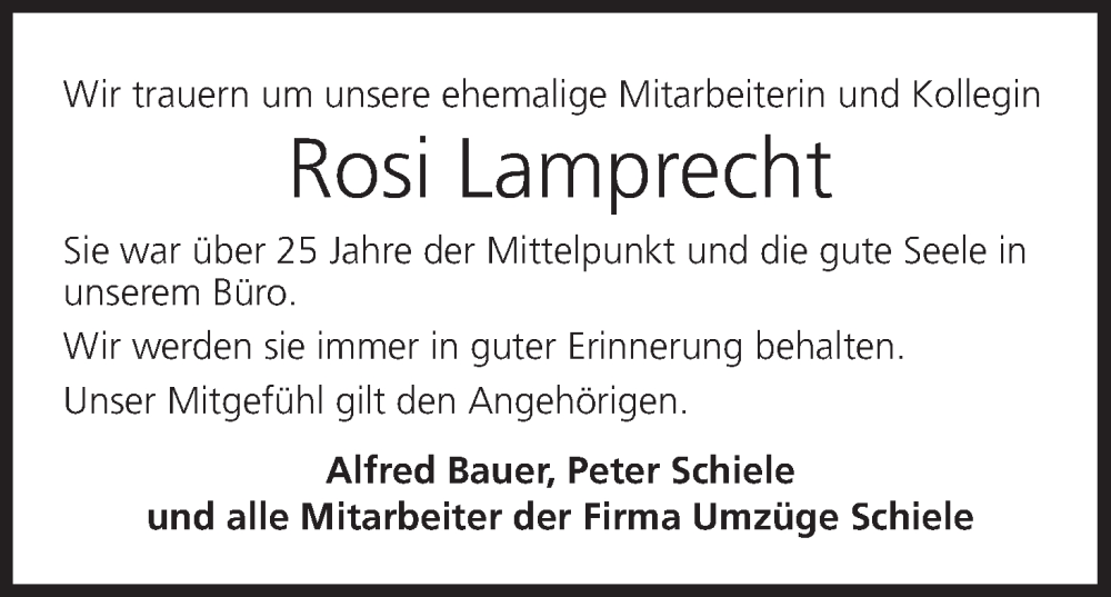  Traueranzeige für Rosi Lamprecht vom 26.06.2024 aus MGO