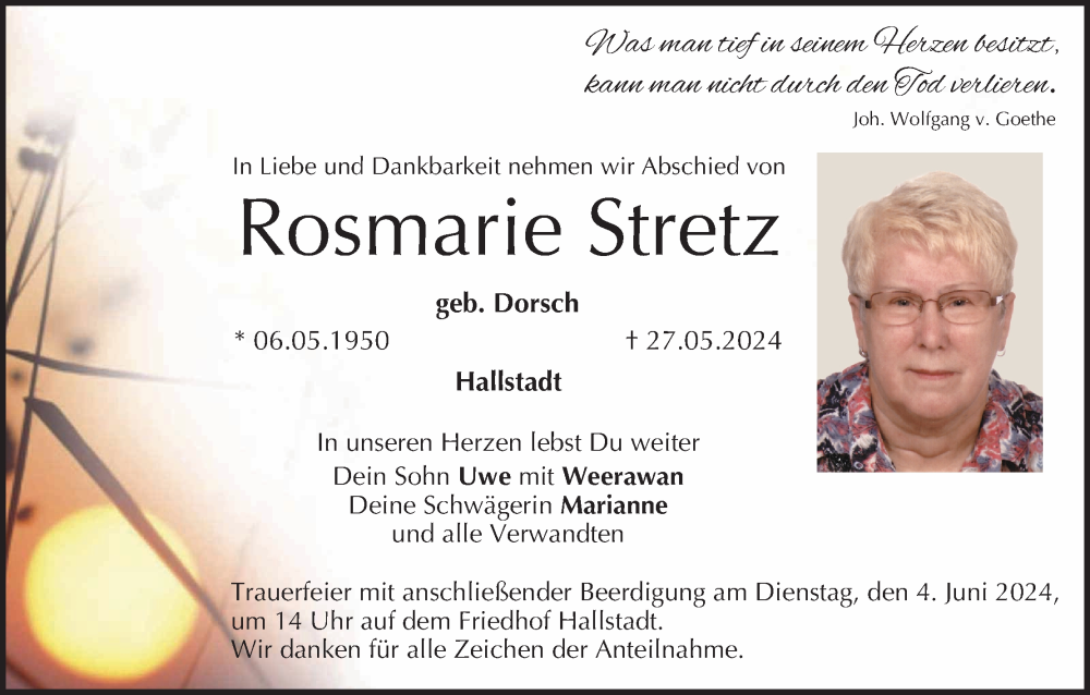  Traueranzeige für Rosmarie Stretz vom 01.06.2024 aus MGO
