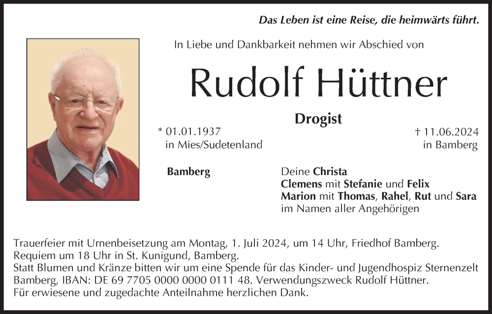  Traueranzeige für Rudolf Hüttner vom 22.06.2024 aus MGO