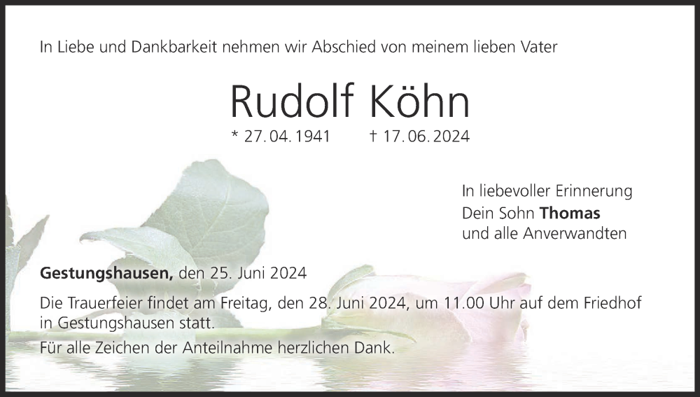  Traueranzeige für Rudolf Köhn vom 25.06.2024 aus MGO