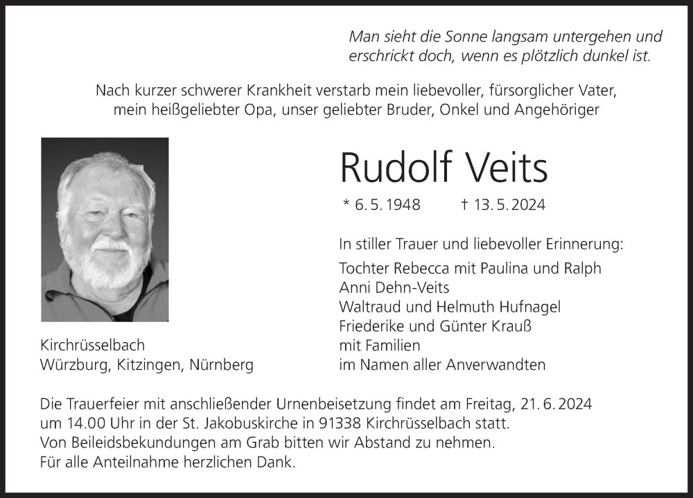  Traueranzeige für Rudolf Veits vom 19.06.2024 aus MGO