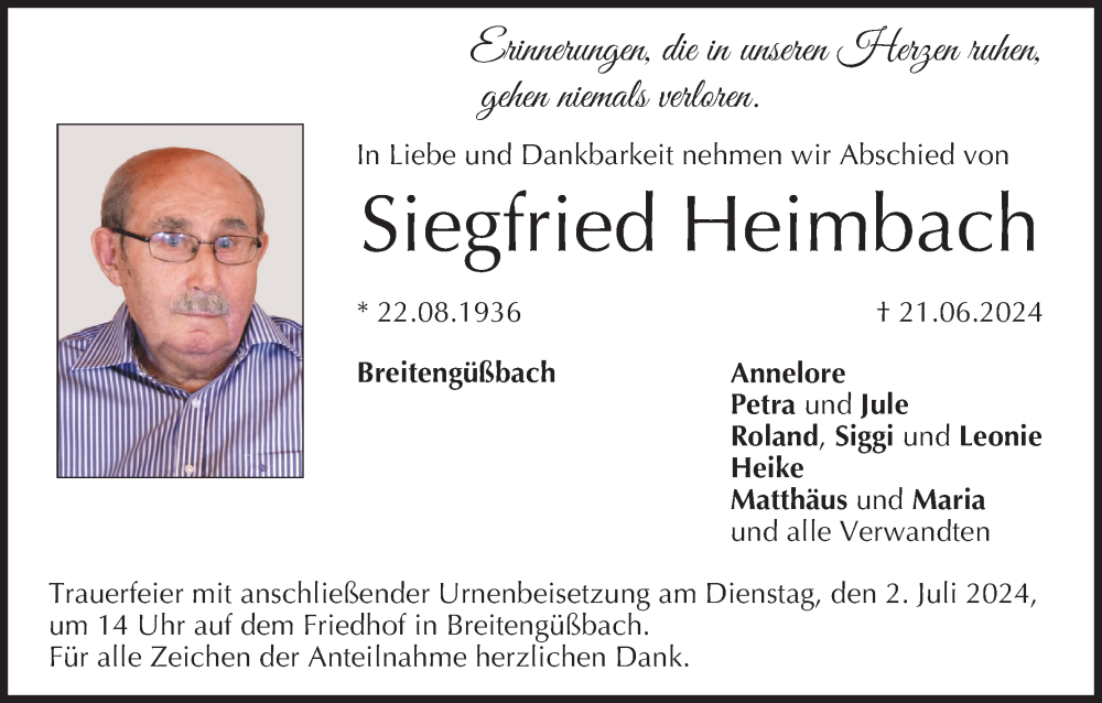  Traueranzeige für Siegfried Heimbach vom 28.06.2024 aus MGO
