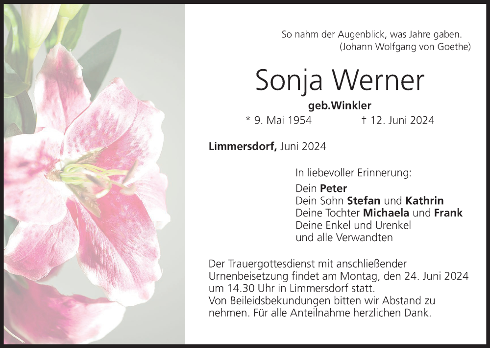  Traueranzeige für Sonja Werner vom 20.06.2024 aus MGO