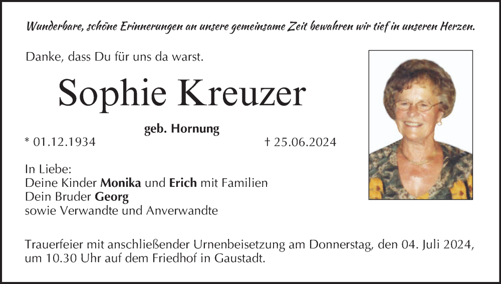  Traueranzeige für Sophie Kreuzer vom 29.06.2024 aus MGO