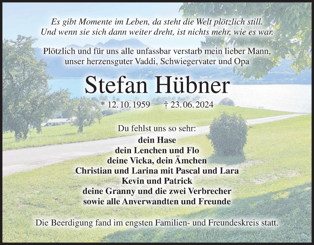  Traueranzeige für Stefan Hübner vom 29.06.2024 aus MGO