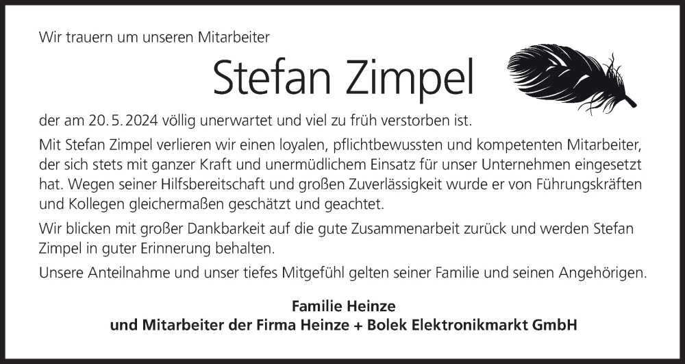  Traueranzeige für Stefan Zimpel vom 08.06.2024 aus MGO