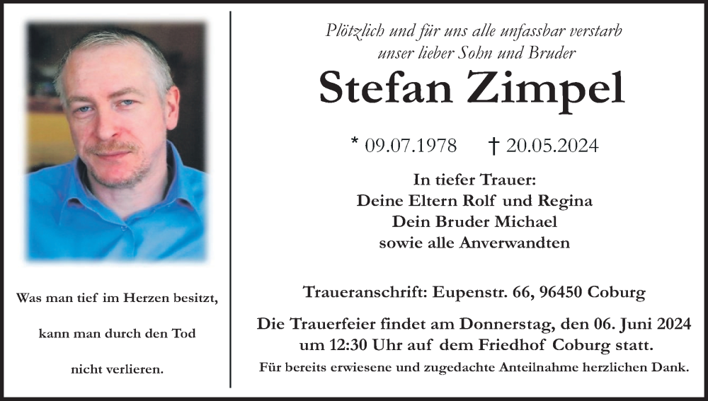  Traueranzeige für Stefan Zimpel vom 01.06.2024 aus MGO
