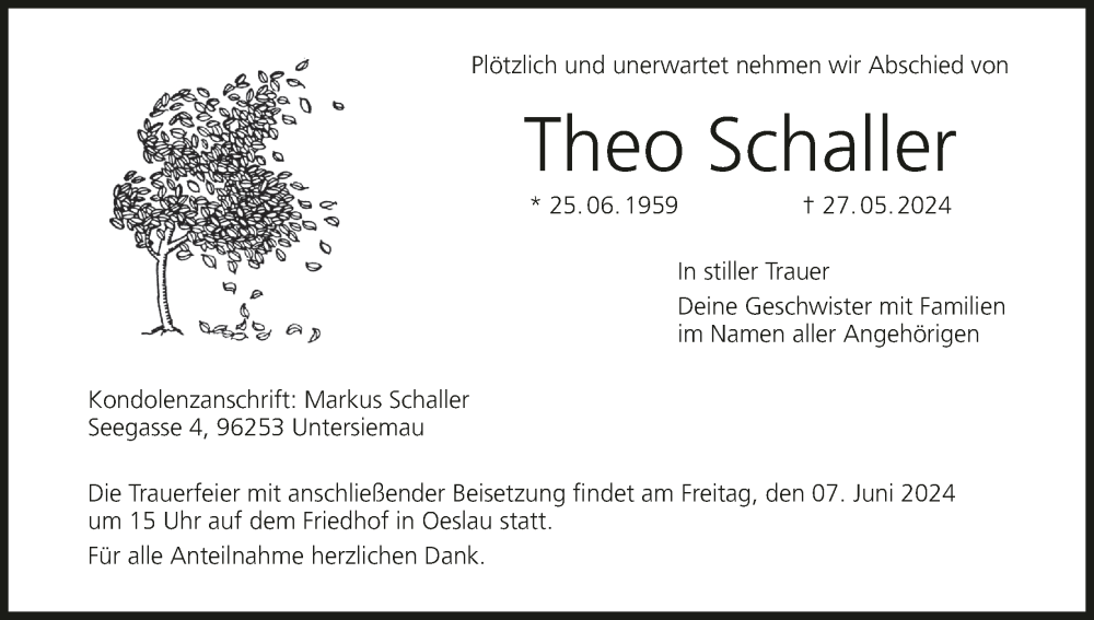 Traueranzeige für Theo Schalter vom 01.06.2024 aus MGO