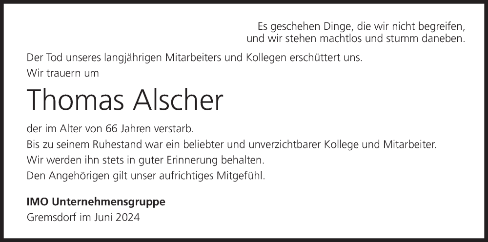  Traueranzeige für Thomas Alscher vom 28.06.2024 aus MGO