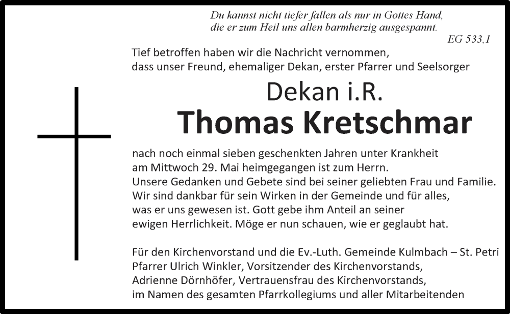  Traueranzeige für Thomas Kretschmar vom 04.06.2024 aus MGO