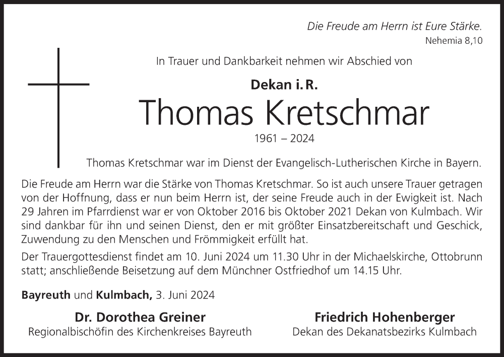  Traueranzeige für Thomas Kretschmar vom 04.06.2024 aus MGO