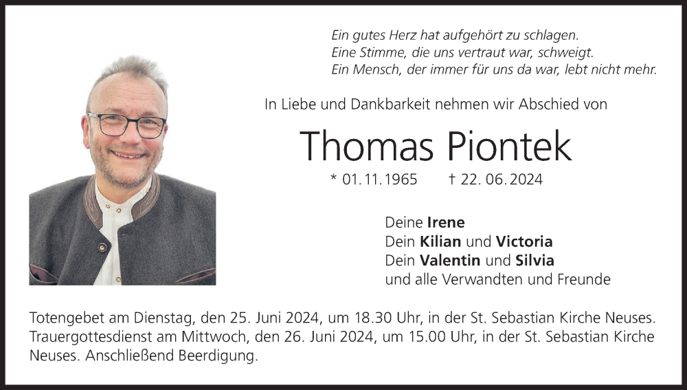  Traueranzeige für Thomas Piontek vom 25.06.2024 aus MGO
