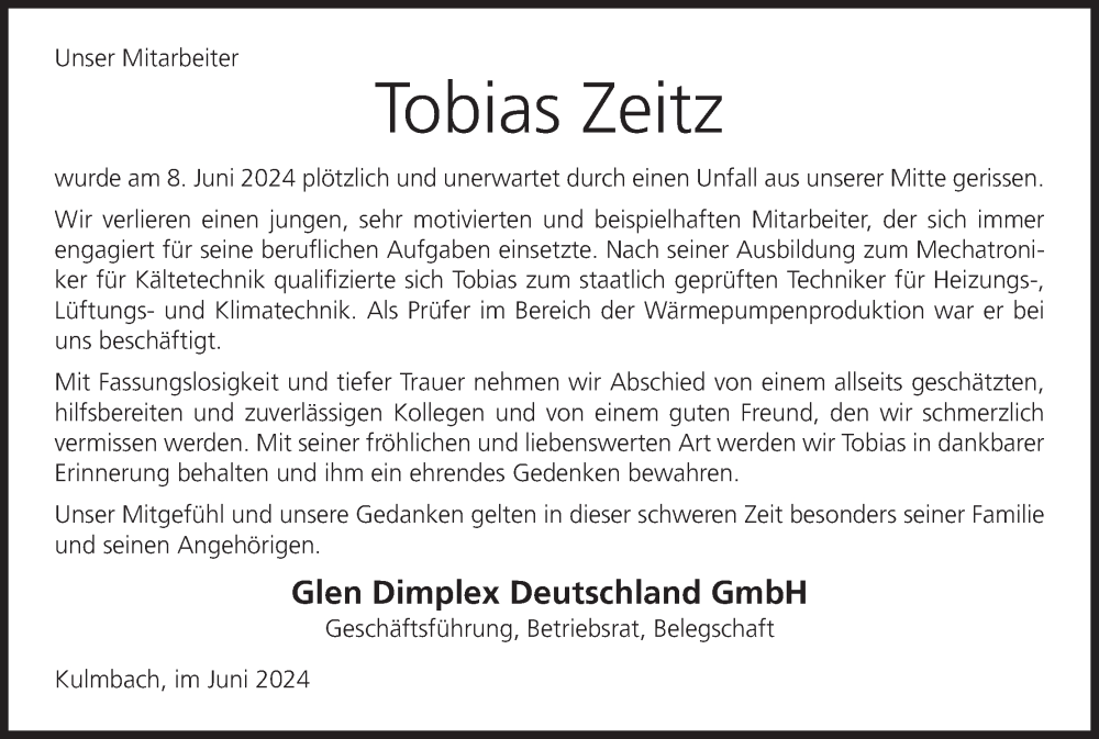  Traueranzeige für Tobias Zeitz vom 22.06.2024 aus MGO