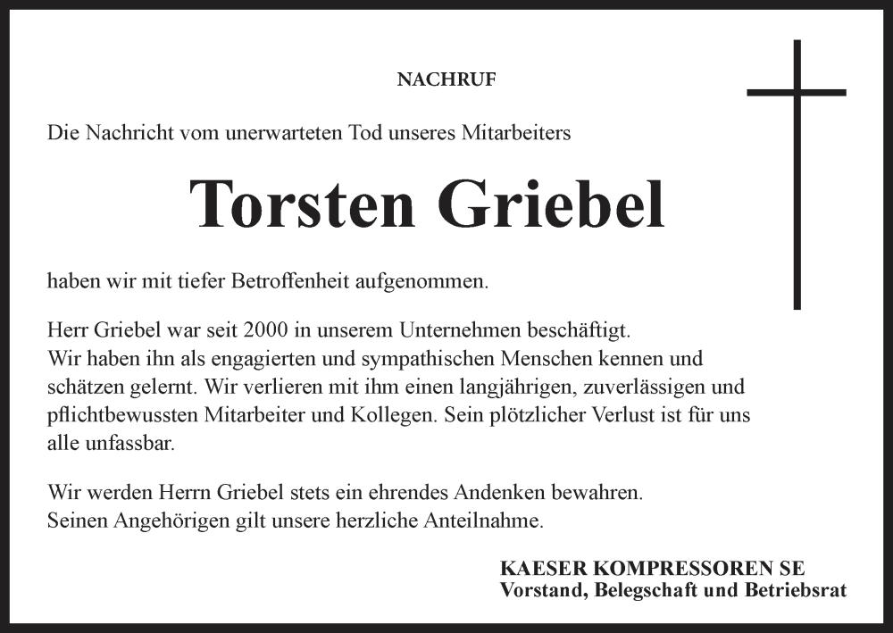  Traueranzeige für Torsten Griebel vom 28.06.2024 aus MGO