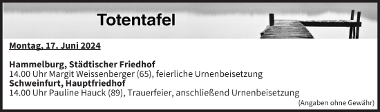 Anzeige von Totentafel vom 17.06.2024 von MGO