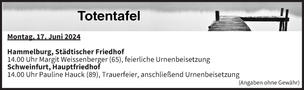  Traueranzeige für Totentafel vom 17.06.2024 vom 17.06.2024 aus MGO