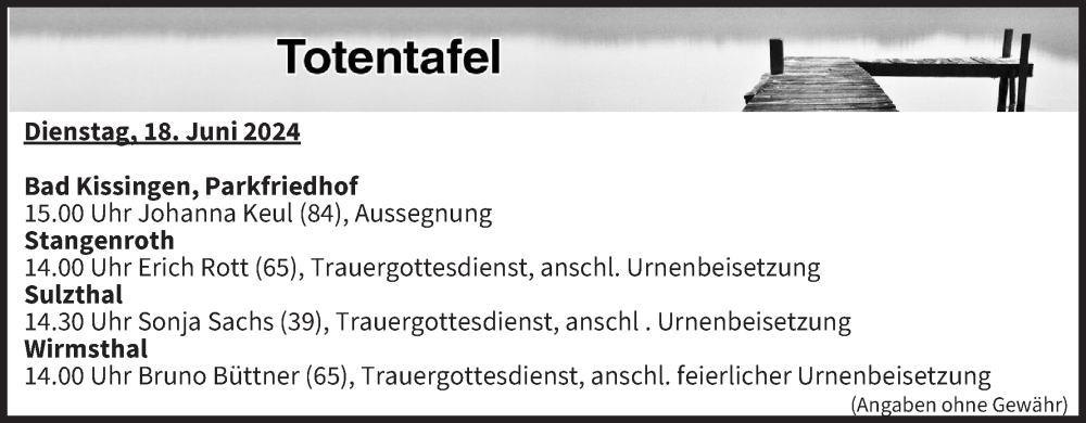  Traueranzeige für Totentafel vom 18.06.2024 vom 18.06.2024 aus MGO