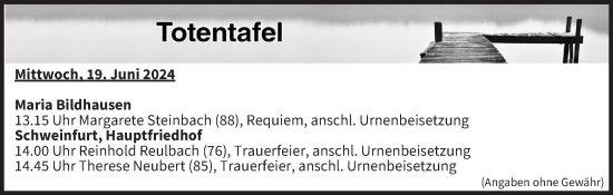 Anzeige von Totentafel vom 19.06.2024 von MGO