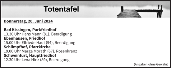Anzeige von Totentafel vom 20.06.2024 von MGO