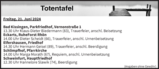 Anzeige von Totentafel vom 21.06.2024 von MGO