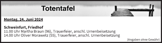 Anzeige von Totentafel vom 24.06.2024 von MGO