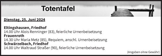 Anzeige von Totentafel vom 25.06.2024 von MGO
