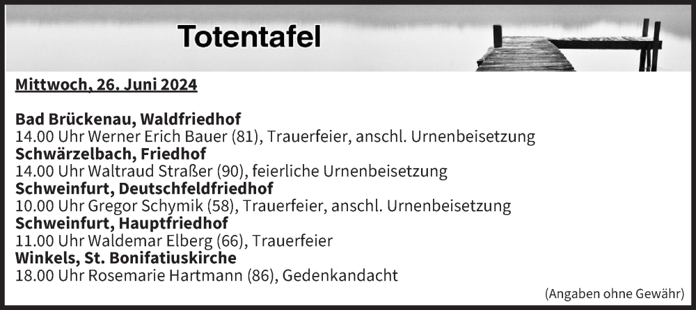  Traueranzeige für Totentafel vom 26.06.2024 vom 26.06.2024 aus MGO
