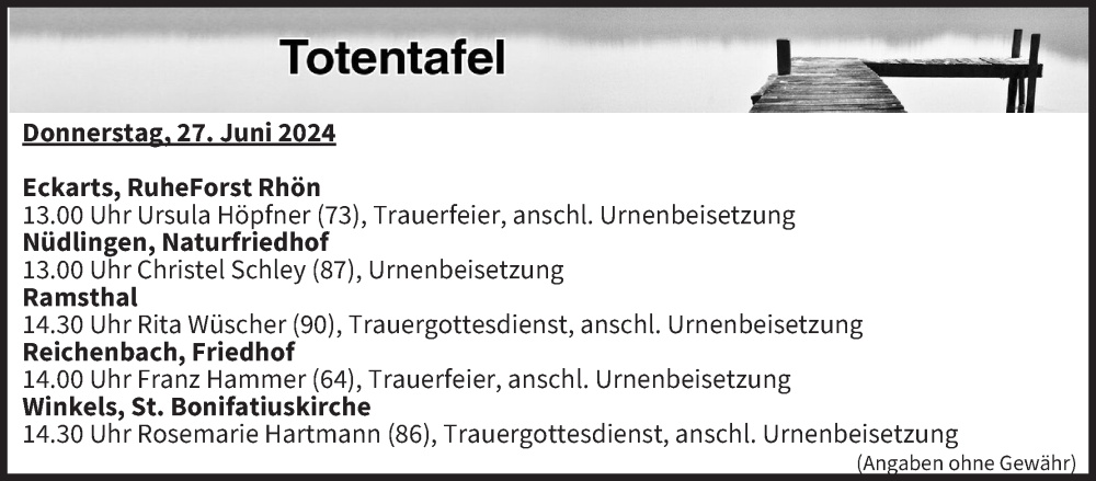  Traueranzeige für Totentafel vom 27.06.2024 vom 27.06.2024 aus MGO
